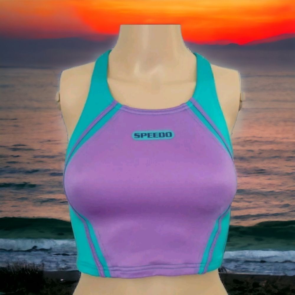 Speedo Crop Swim Top‎ Girls Sz 12 Purple Teal Racerback Athletic Bikini Tankini
